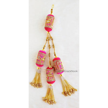 Velvet Fabric Bolster Tassels In Antique Gold Zardozi Embroidery, Rhinestones & Pearls, Indian Embellishment